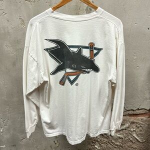 NHL Vintage San Jose Sharks White Long Sleeve Double Sided Logo Tee Large L